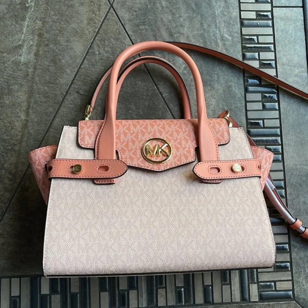 Michael Kors Carmen Medium Color-Block Logo Flap Satchel Sherbert